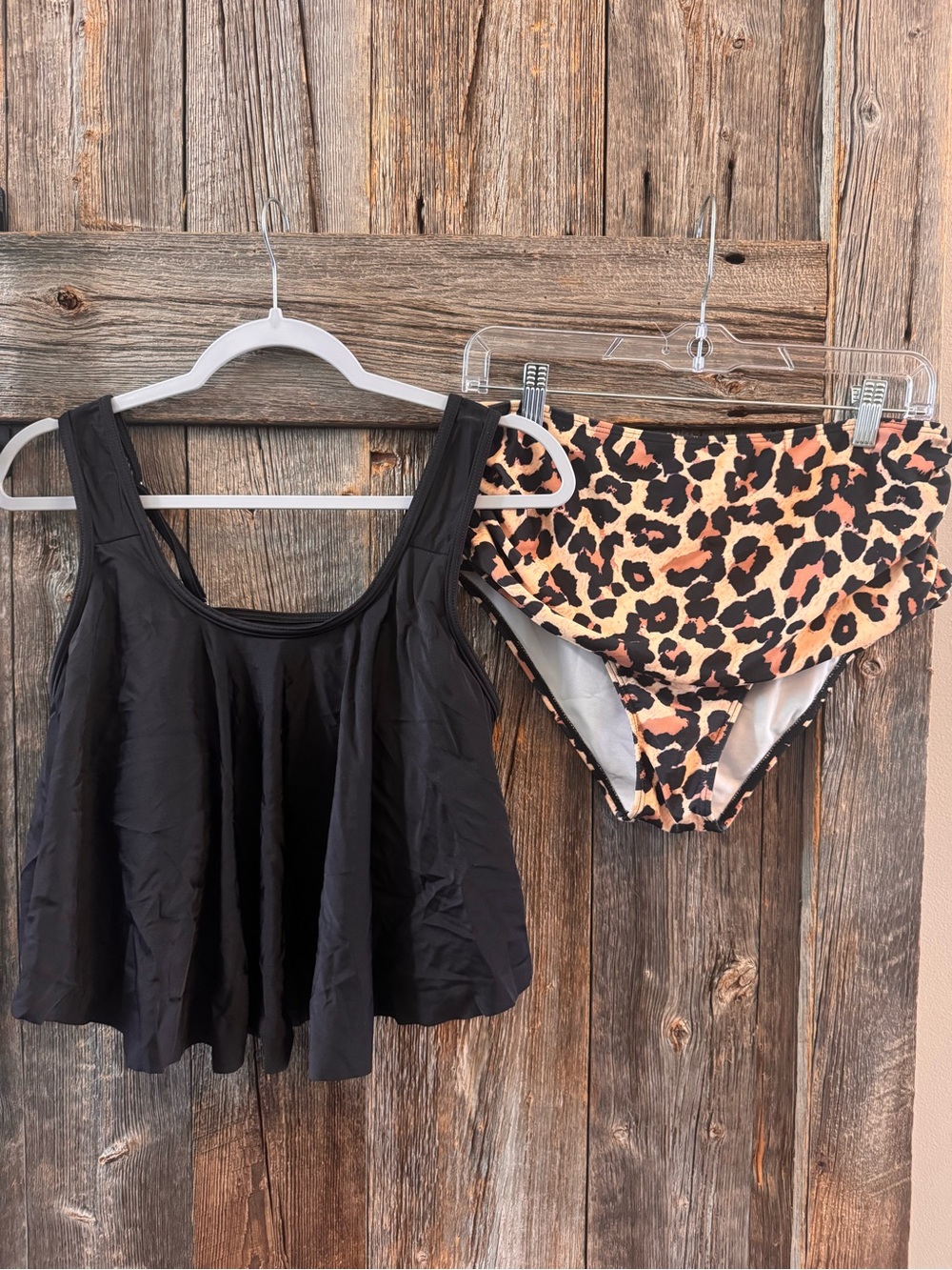 Black Swim Tankini Top with Leopard High-Waist Bottoms - Women Swim
